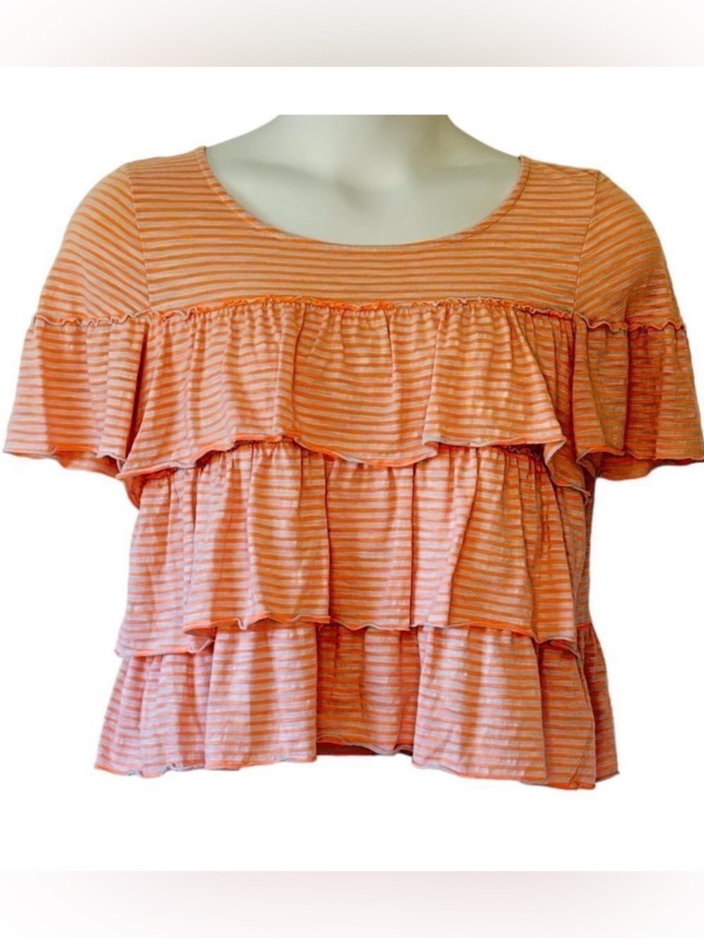 Anthropologie Postmark Tiered Ruffled Top Iridescent Orange and Grey Stripe  L